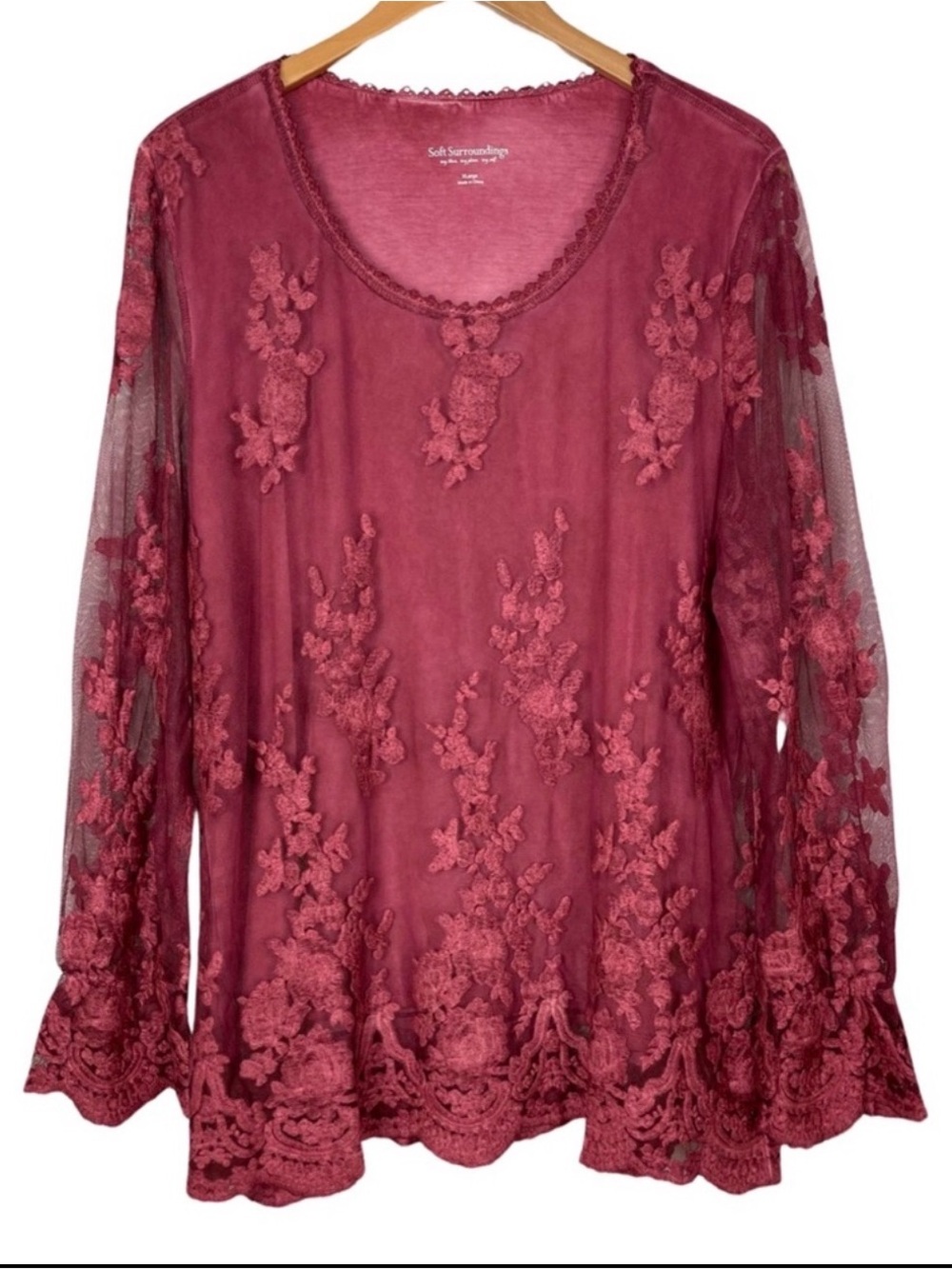 Soft Surroundings Tunic Blouse - Burgundy with mesh overlay - Size XL